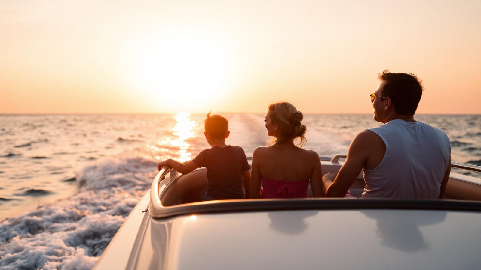 Família a bordo ao pôr do sol